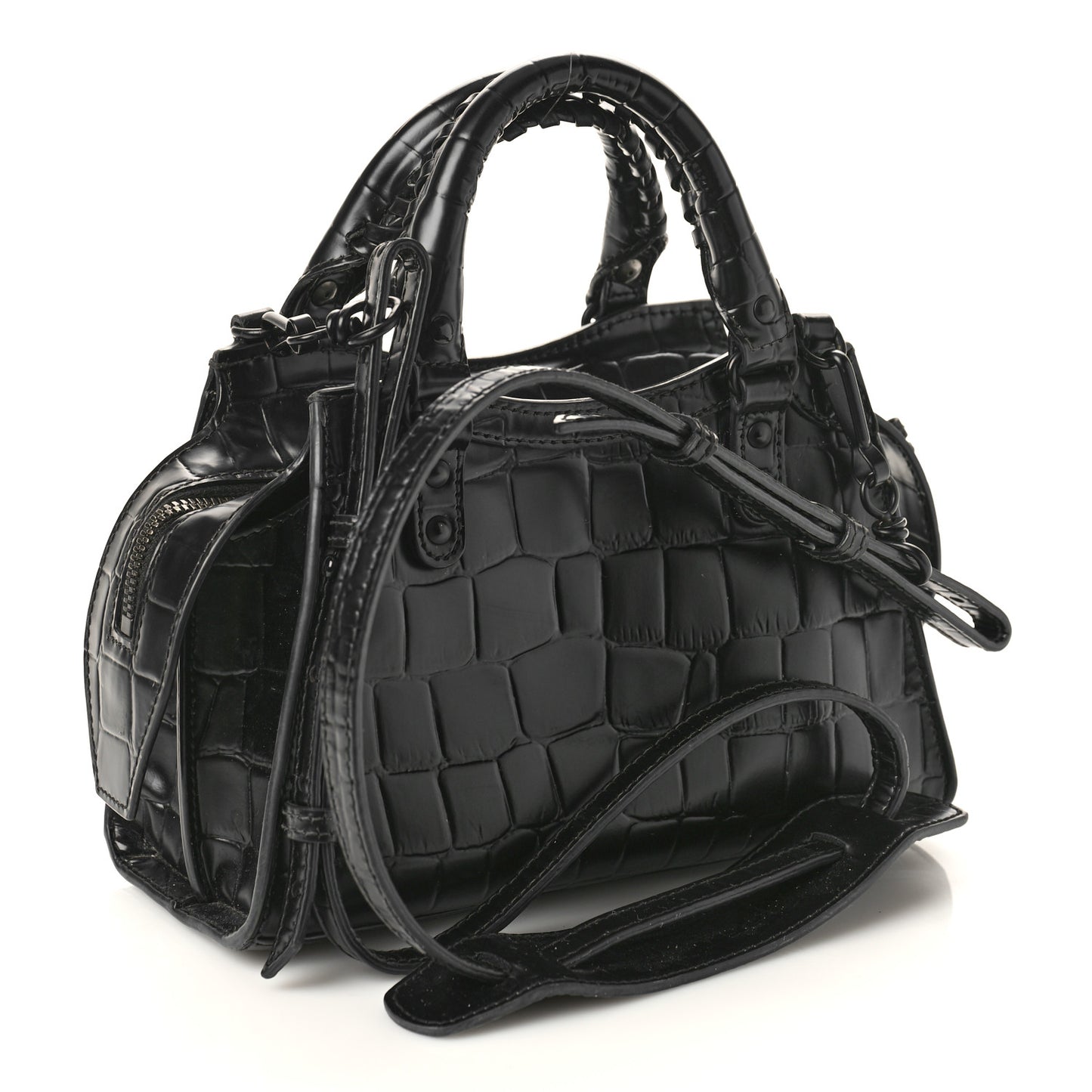 Semi Shiny Calfskin Crocodile Embossed Neo Classic Black Hardware Mini City Black