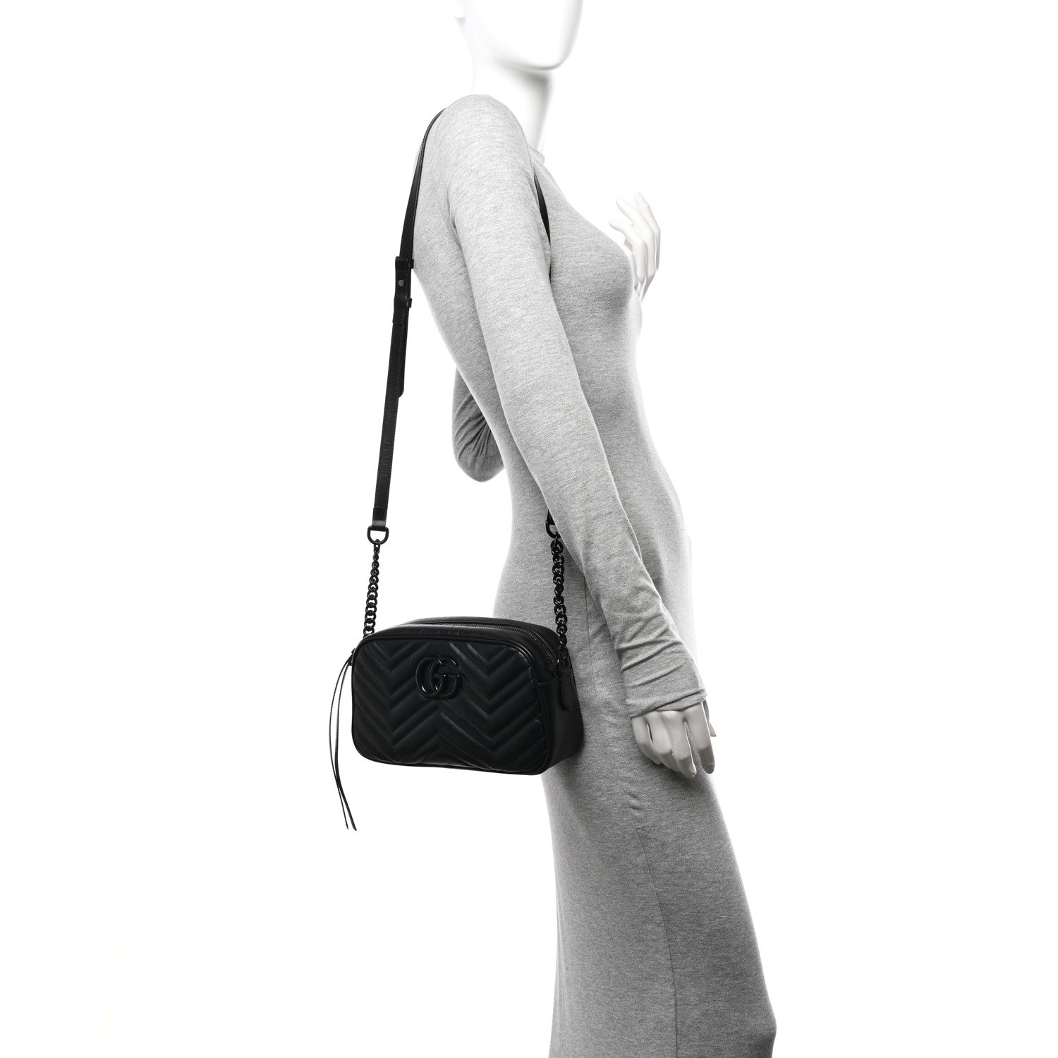 Gucci Calfskin Matelasse Monochrome Small GG Marmont Chain Shoulder Bag Black 2 of 10