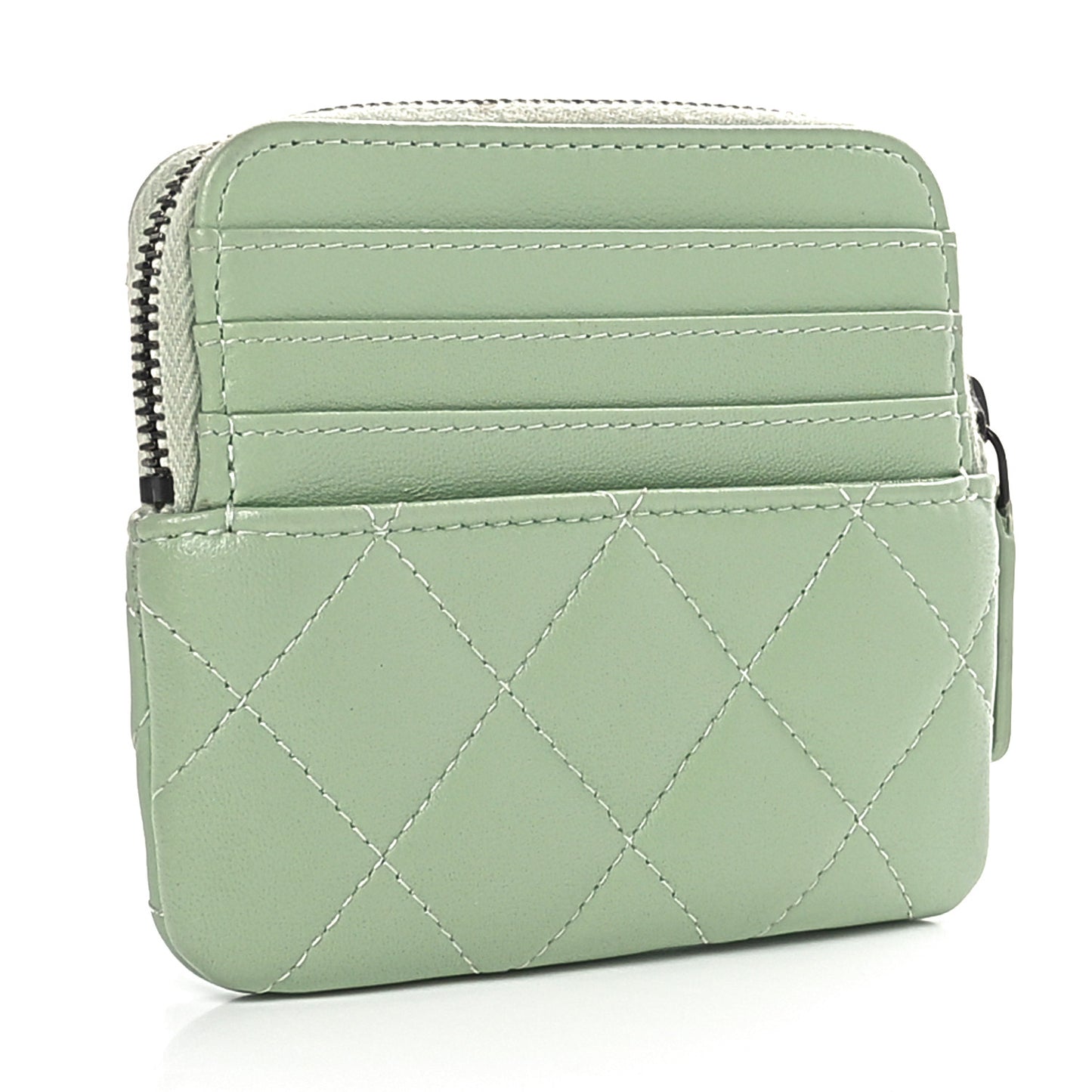 Lambskin Quilted Zip Card Holder Wallet  Green