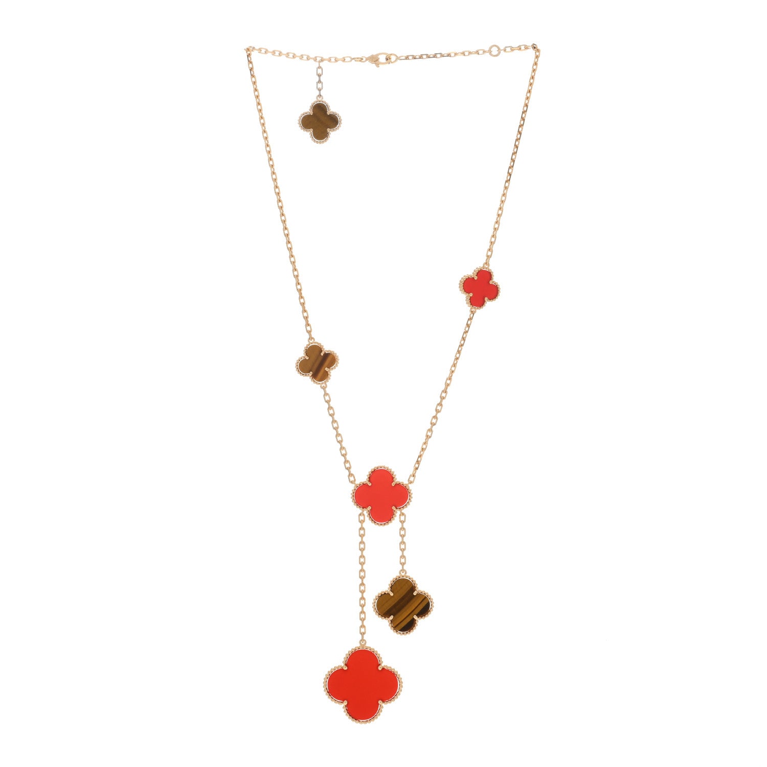Van Cleef & Arpels 18K Yellow Gold Carnelian Tiger Eye 6 Motifs Magic Alhambra Necklace 2 of 4