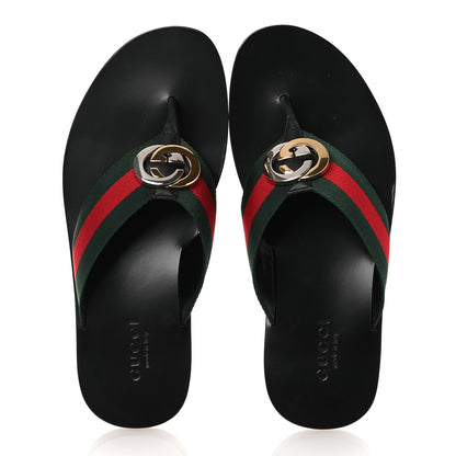 Gucci Nylon Calfskin Web Mens GG Thong Sandals 8.5 Green Red Black 2 of 11