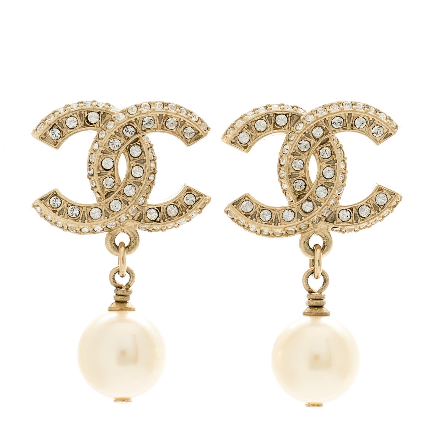 Crystal Pearl CC Drop Earrings Gold