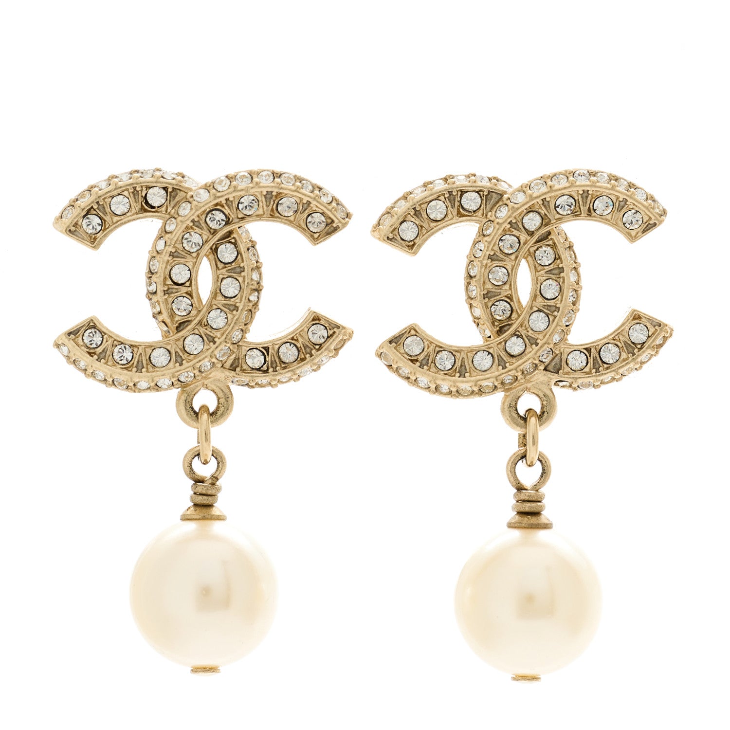 Chanel Crystal Pearl CC Drop Earrings Gold 1 of 4