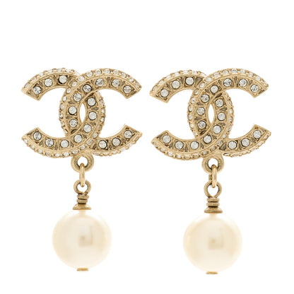 Chanel Crystal Pearl CC Drop Earrings Gold 1 of 4