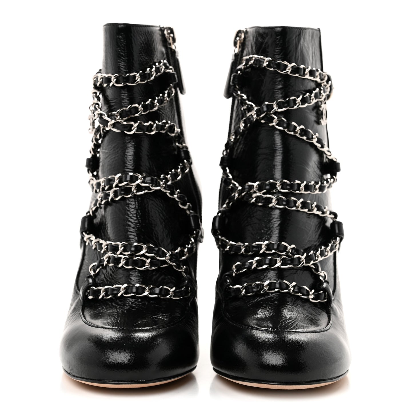 Crackled Calfskin Chain CC Short Boots 38 Black