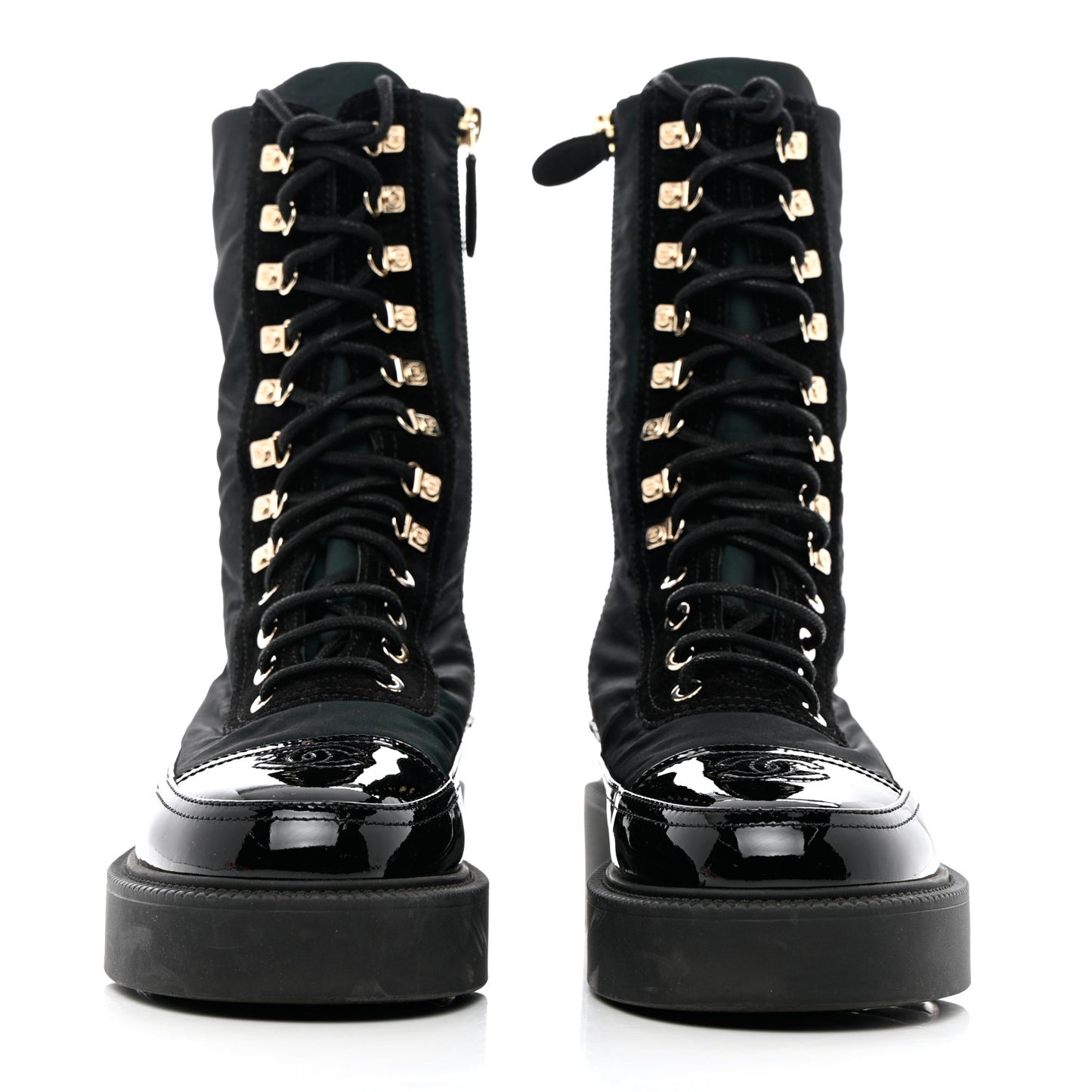 Calfskin Knit Lace Up Combat Boots 38 Black Green