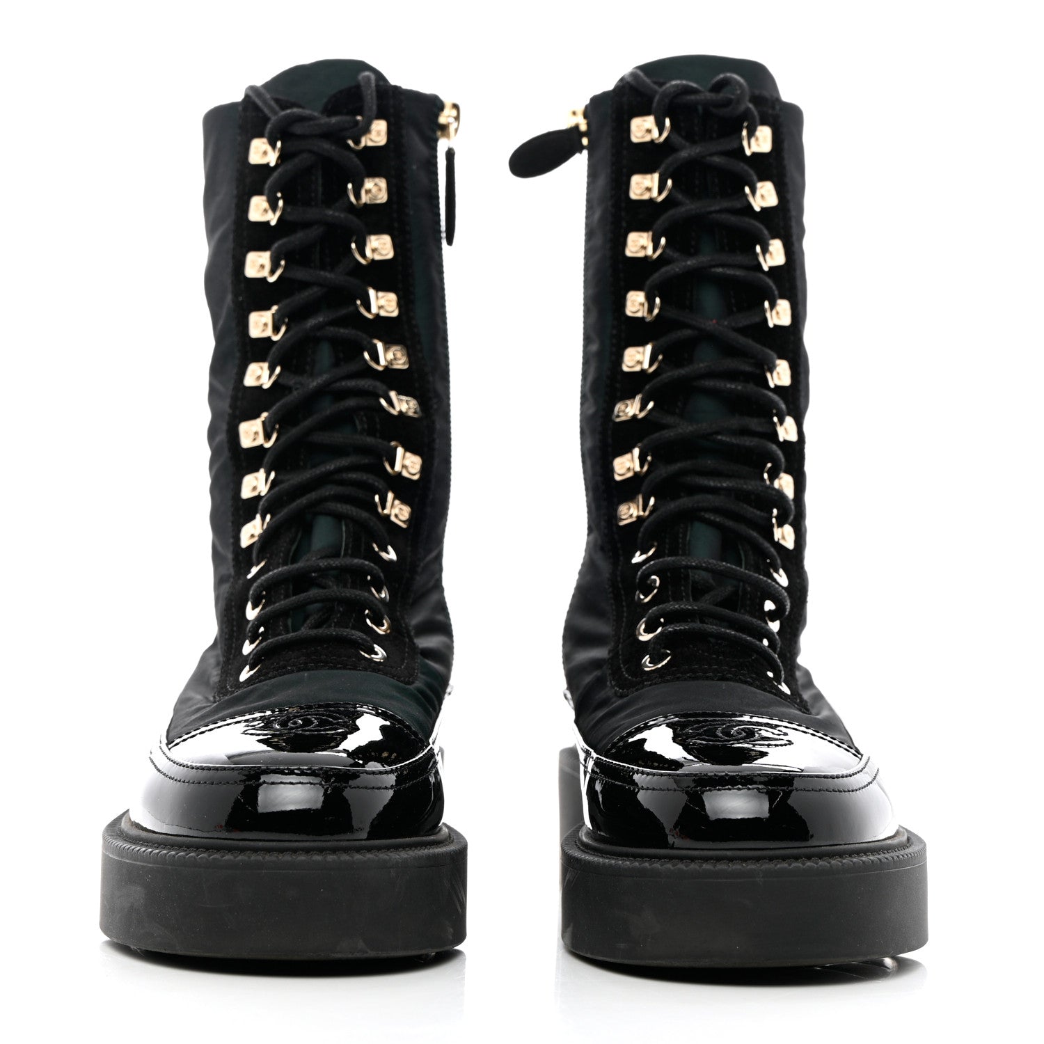 Chanel Calfskin Knit Lace Up Combat Boots 38 Black Green 2 of 15