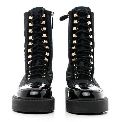 Chanel Calfskin Knit Lace Up Combat Boots 38 Black Green 2 of 15