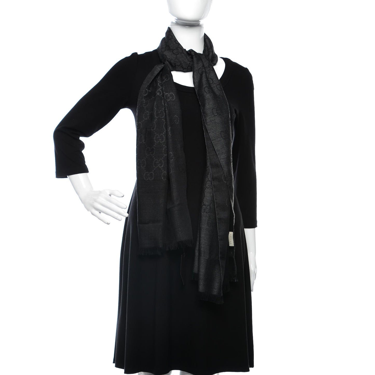 Wool Silk Monogram Fringe Scarf Grey Black