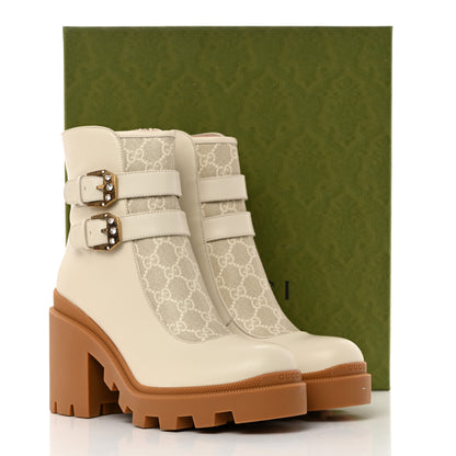 Gucci Kensington Calfskin Nappa GG Supreme Monogram Womens Double Buckle Ankle Boots 40 Mystic White Beige 10 of 10