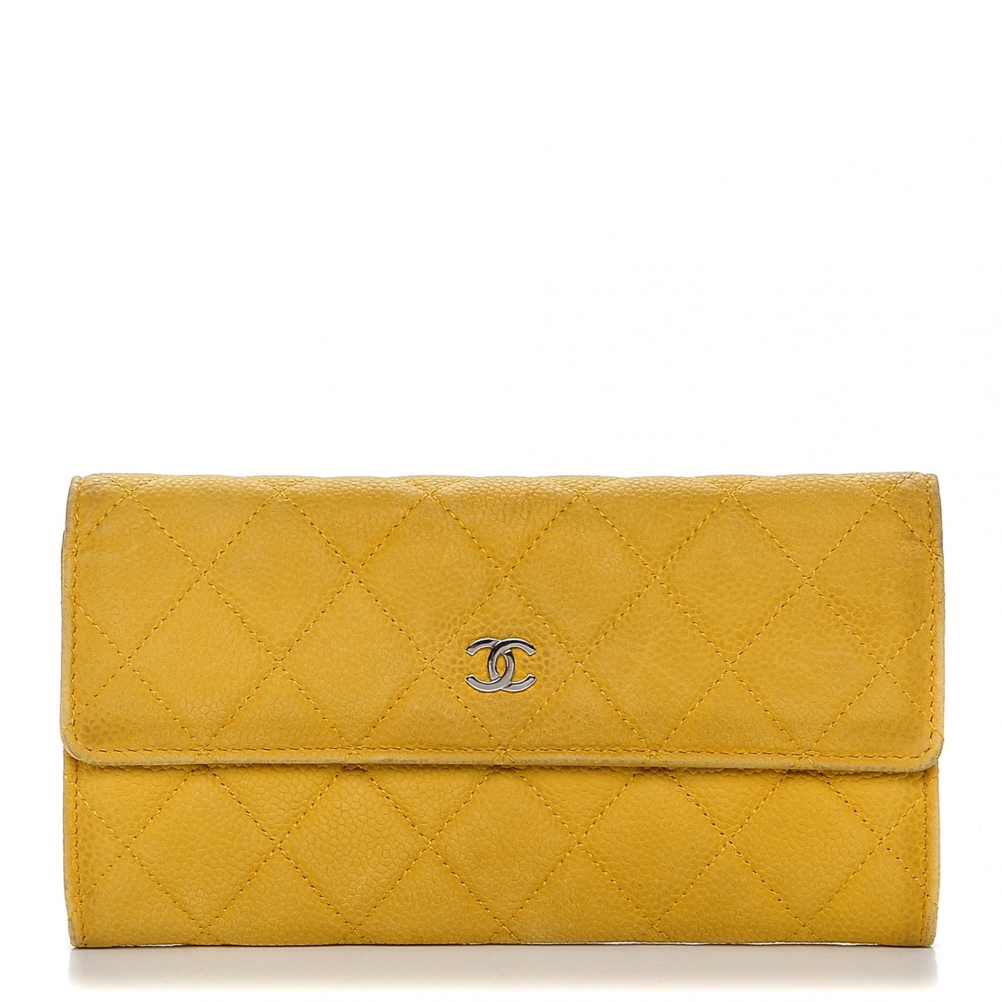 Iridescent Caviar Quilted Large Flap Wallet Yellow