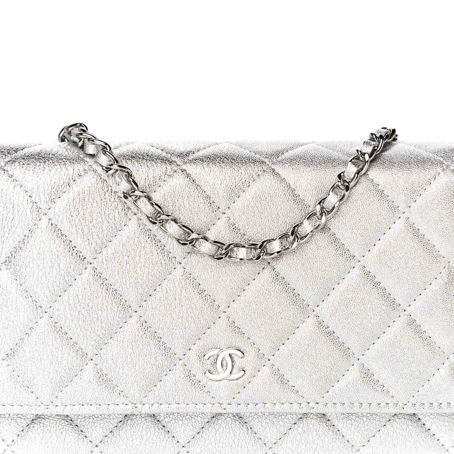 Metallic Lambskin Quilted Wallet On Chain WOC Silver