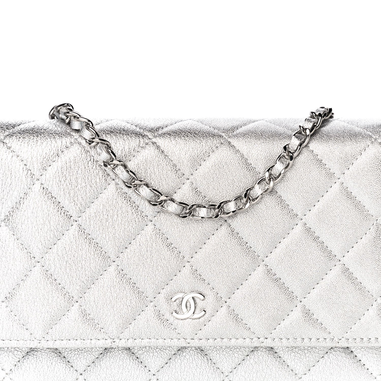 Chanel Metallic Lambskin Quilted Wallet On Chain WOC Silver 8 of 12