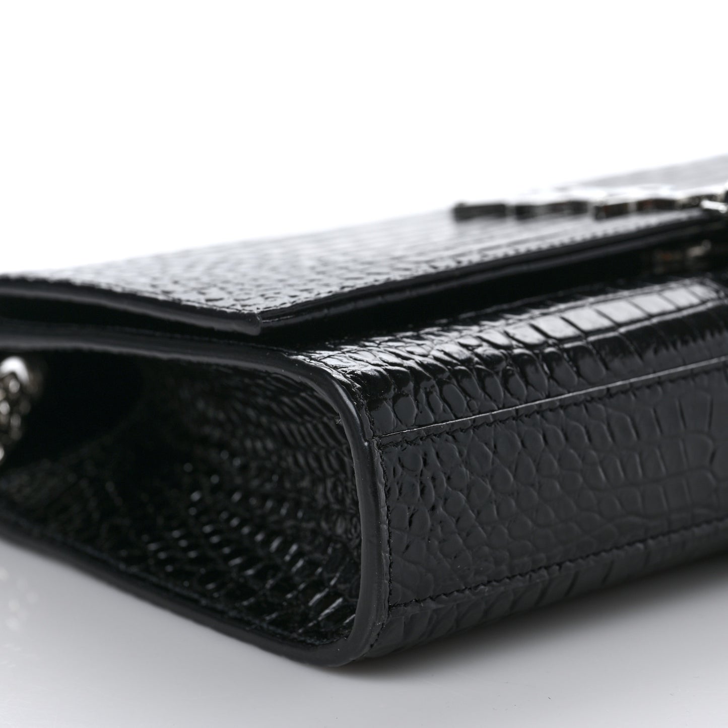 Calfskin Crocodile Embossed Medium Classic Monogram Kate Tassel Satchel Black