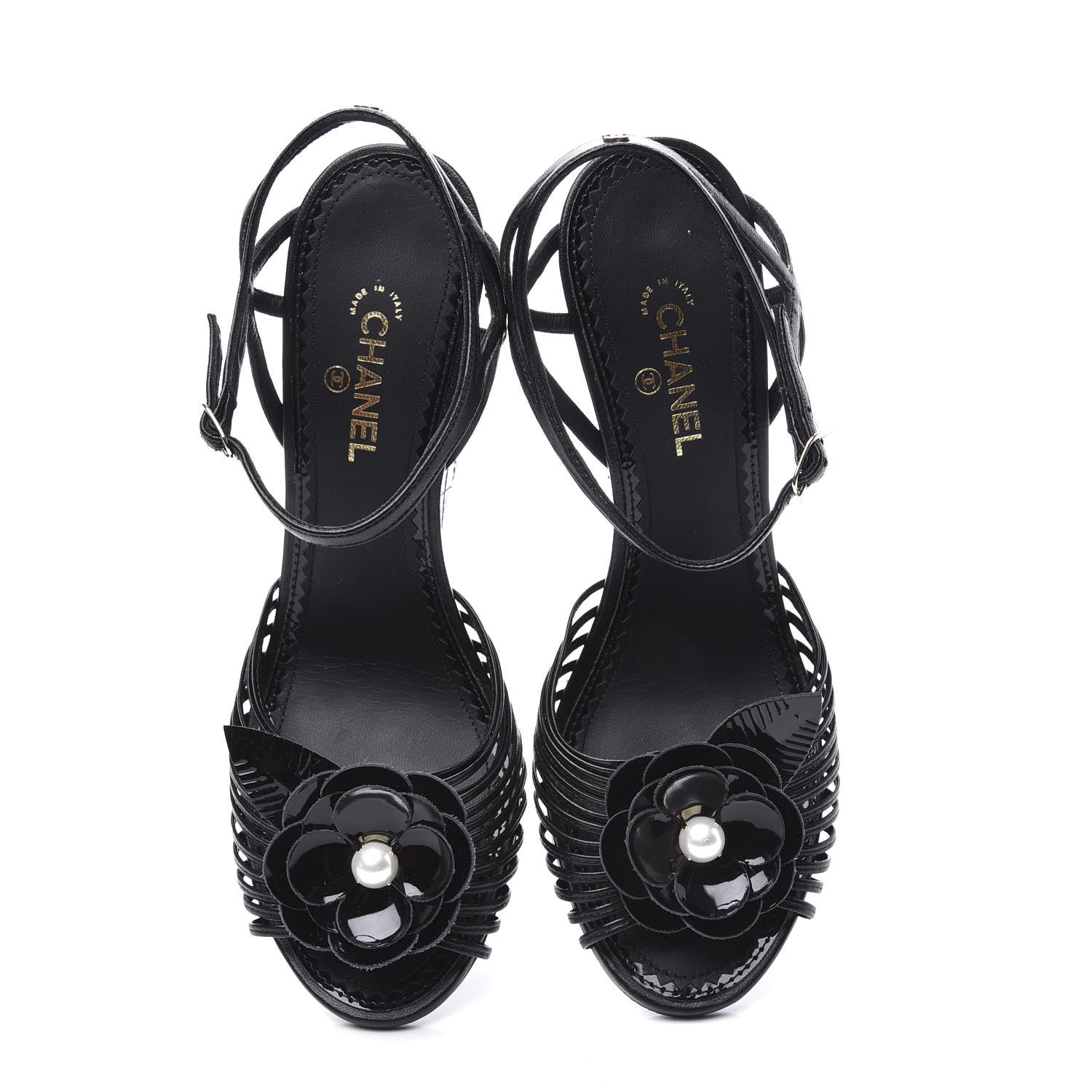 Chanel Lambskin Slingback Camellia Wedge Sandals 36.5 Black 6 of 11