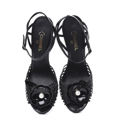 Chanel Lambskin Slingback Camellia Wedge Sandals 36.5 Black 6 of 11