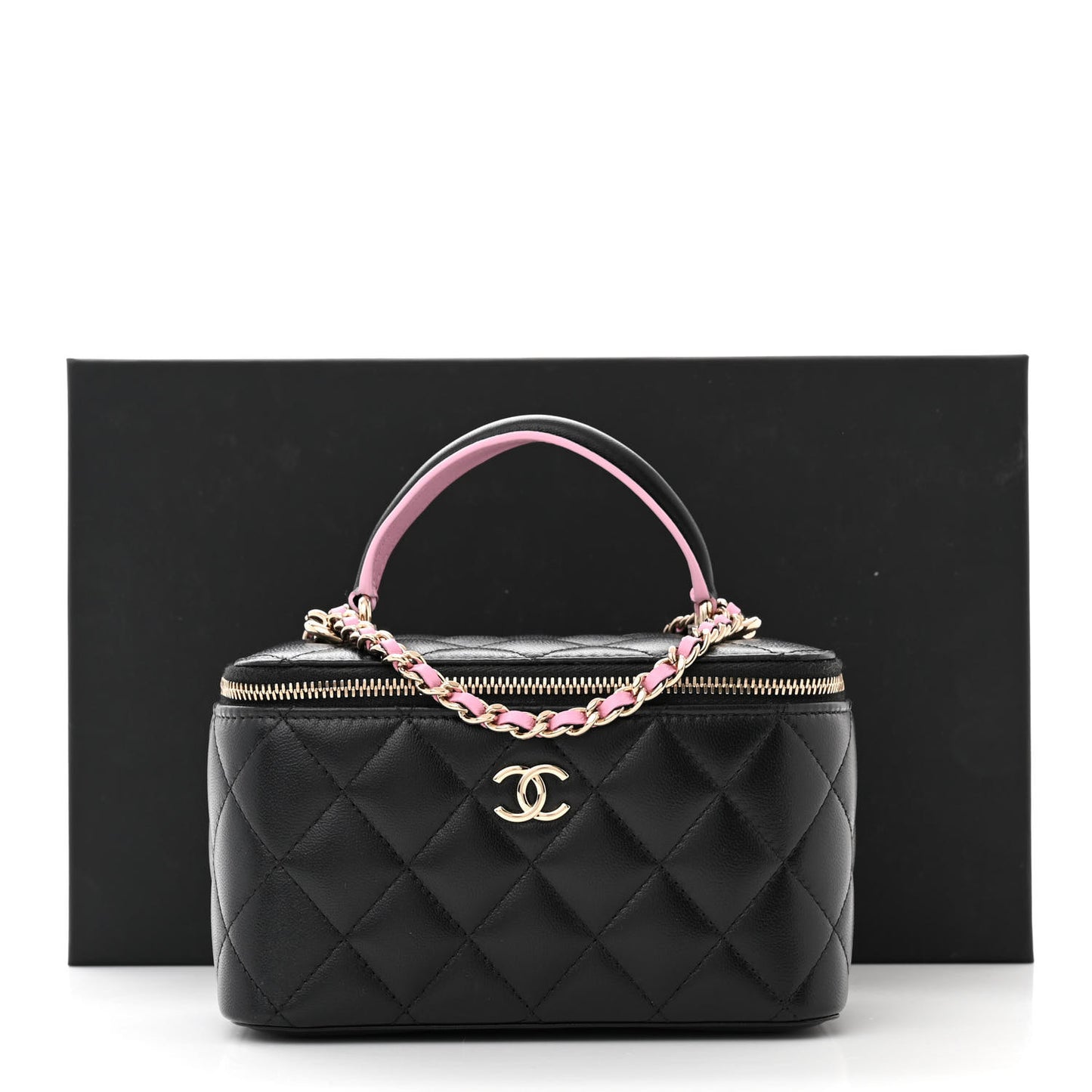 Lambskin Quilted Small Top Handle Vanity Case With Chain Black Lilac