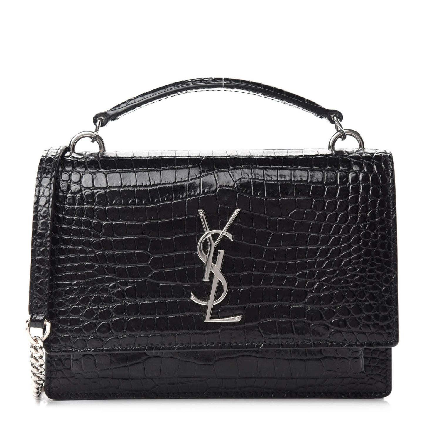 Calfskin Crocodile Embossed Monogram Sunset Top Handle Chain Wallet Black