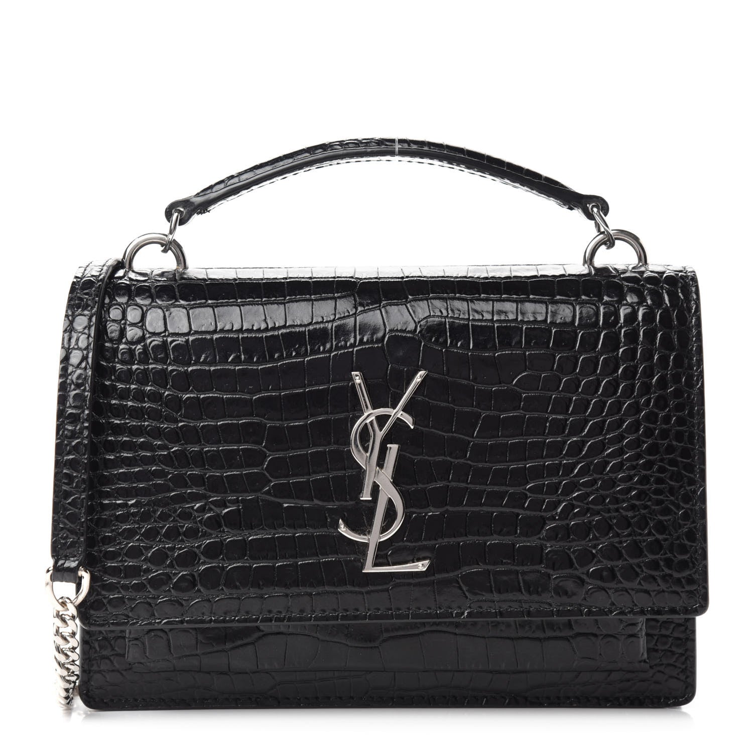 Saint Laurent Calfskin Crocodile Embossed Monogram Sunset Top Handle Chain Wallet Black 1 of 12
