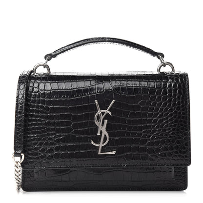 Saint Laurent Calfskin Crocodile Embossed Monogram Sunset Top Handle Chain Wallet Black 1 of 12
