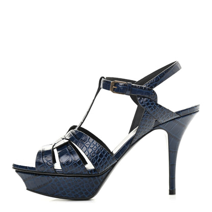 Saint Laurent Crocodile Embossed Tribute 75 Platform Sandals 39.5 Navy 1 of 8