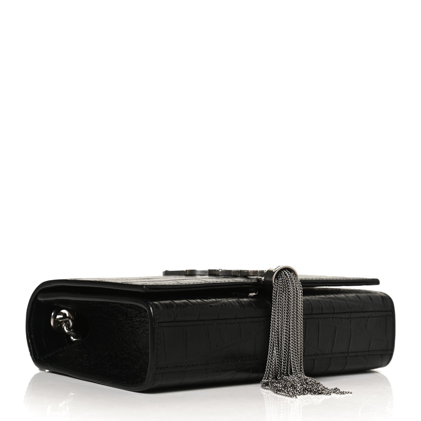 Calfskin Crocodile Embossed Small Classic Monogram Kate Tassel Satchel Black