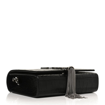 Saint Laurent Calfskin Crocodile Embossed Small Classic Monogram Kate Tassel Satchel Black 4 of 11