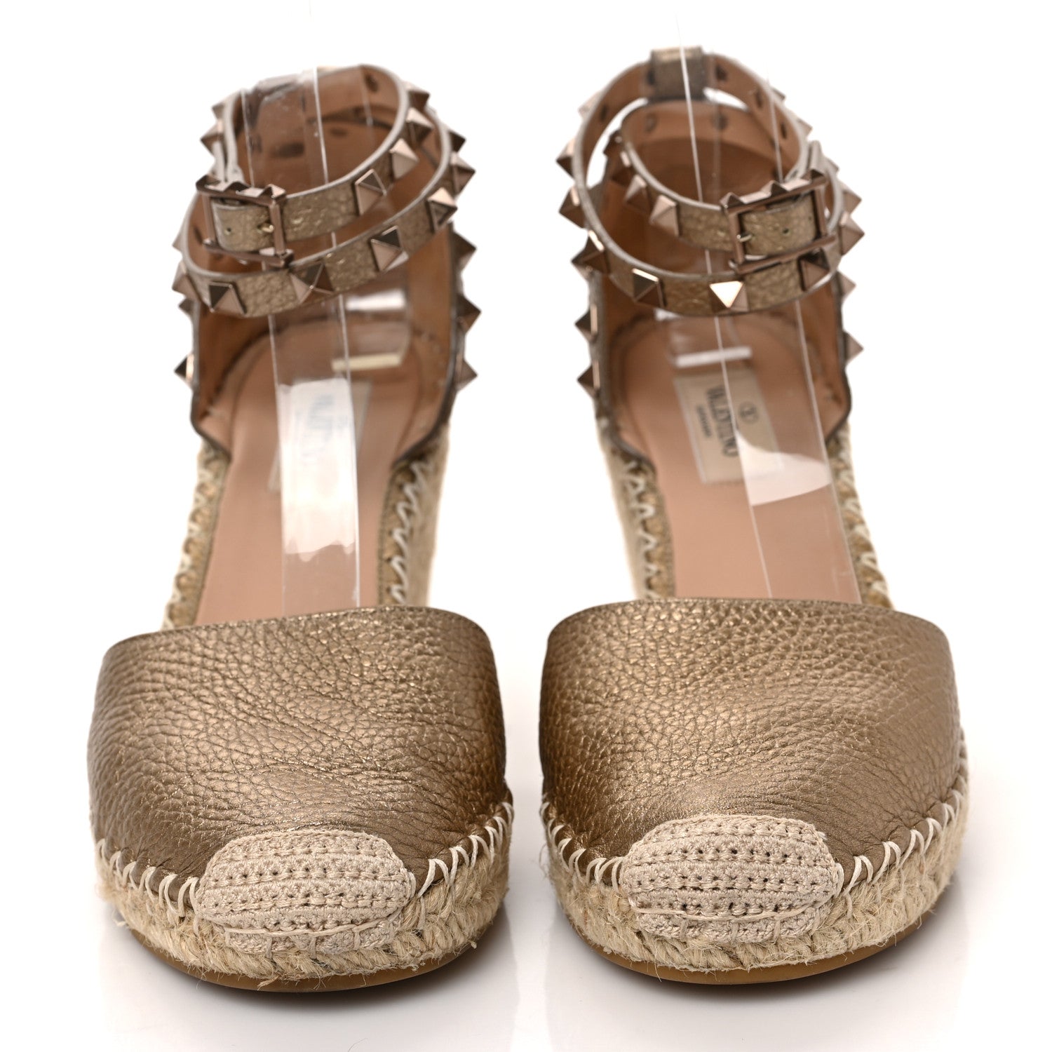 Valentino Garavani Metallic Grained Calfskin Rockstud Ankle Wrap Espadrille Wedges 38 Skin 2 of 9