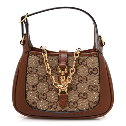 Gucci New Canvas Charisma Calfskin Crystal GG Monogram Mini Jackie 1961 Hobo Camel Ebony 1 of 9