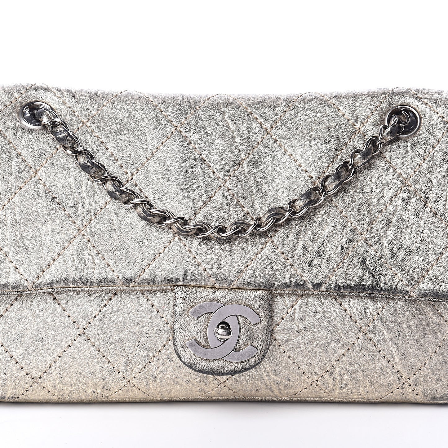 Distressed Metallic Lambskin Quilted Le Marais Ligne Flap Gold
