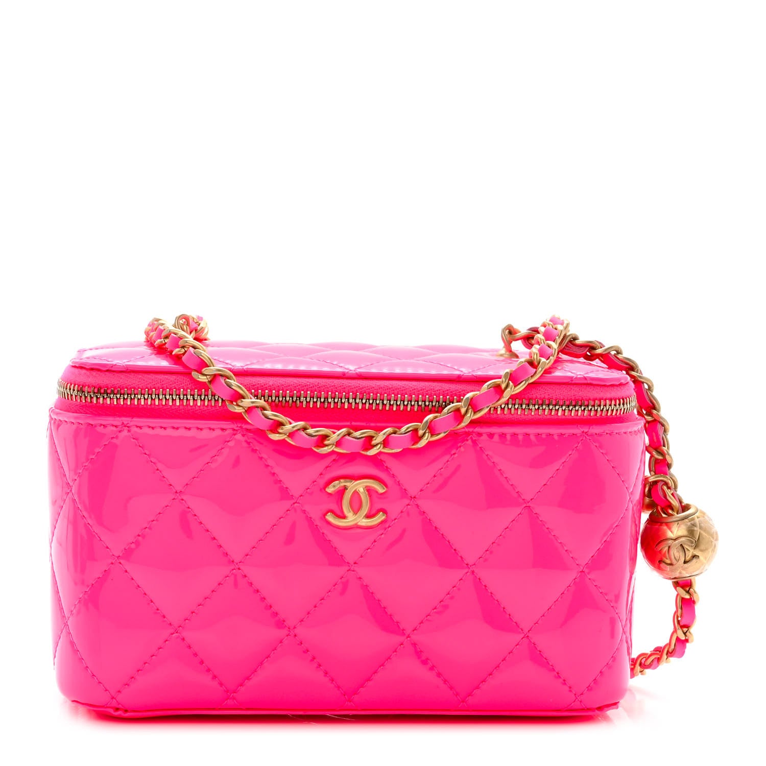Chanel Patent Quilted Pearl Crush Small Vanity Case With Chain Neon Pink 1 of 12