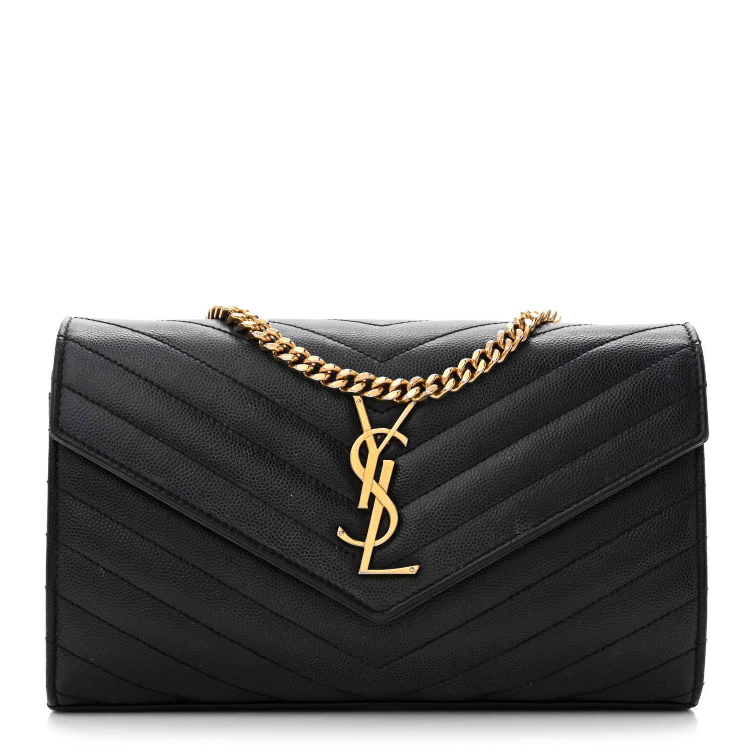 Saint Laurent Grain De Poudre Matelasse Chevron Monogram Chain Wallet Black 1 of 15