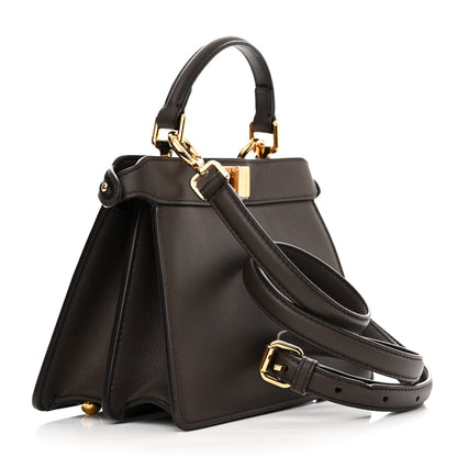 Fendi Vitello Seta Shiny Nappa Floral Embroidered Petite Peekaboo I SEE U Satchel Carbone Black 3 of 10