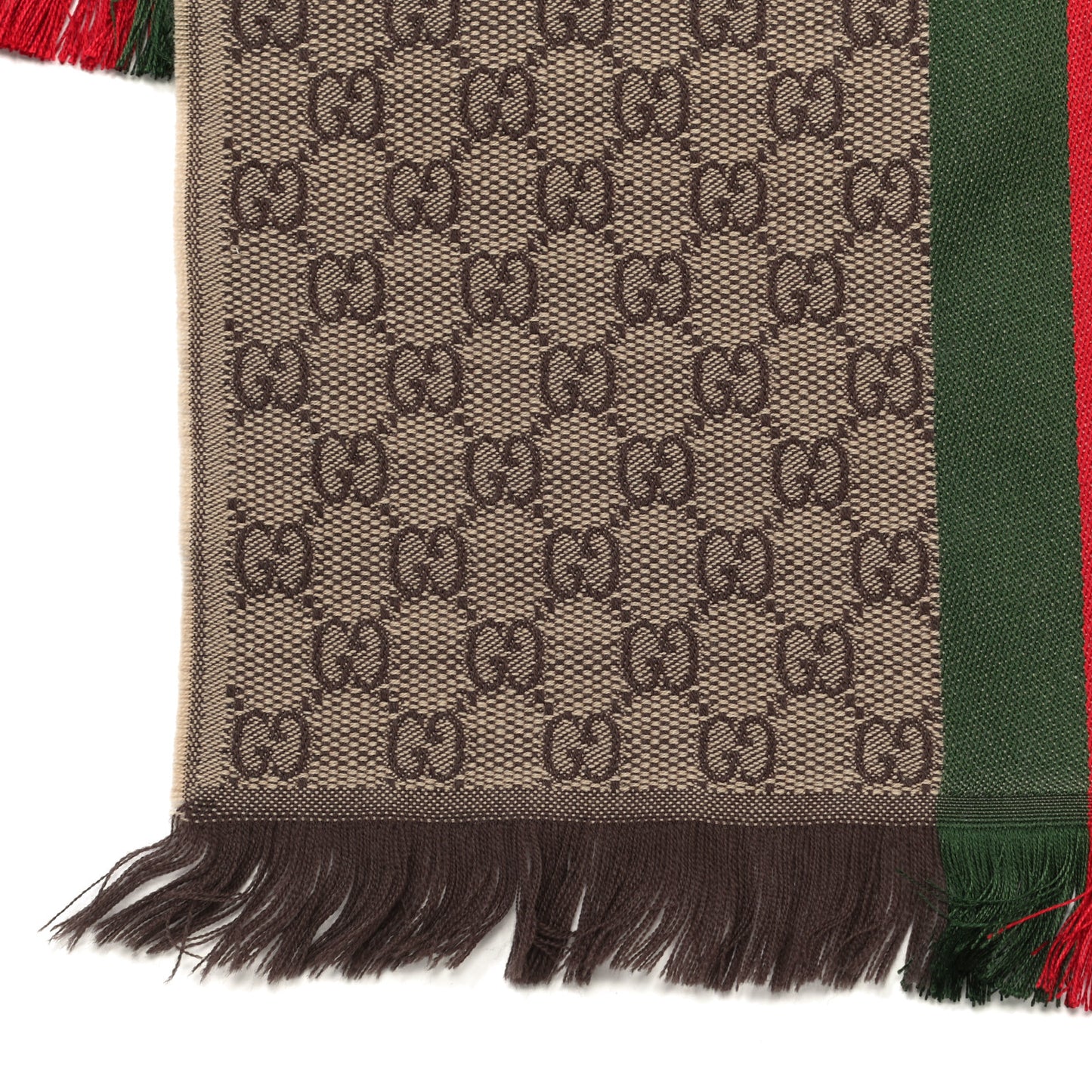 Wool Silk GG Monogram Web Verbier Fringe Scarf Light Brown Dark Green
