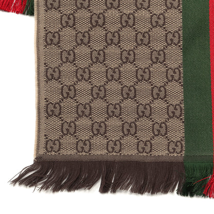 Gucci Wool Silk GG Monogram Web Verbier Fringe Scarf Light Brown Dark Green 3 of 4