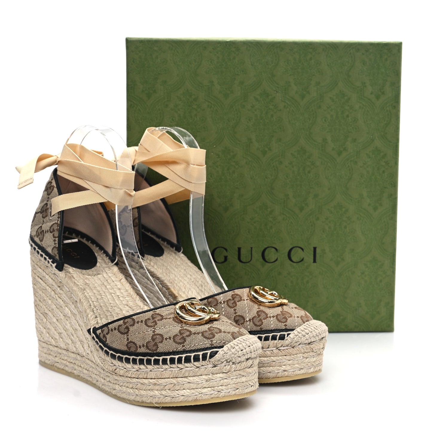 Monogram Matelasse GG Marmont Ankle Wrap Platform 35/120mm Espadrille Wedges 41 Beige Ebony Black Sand Storm