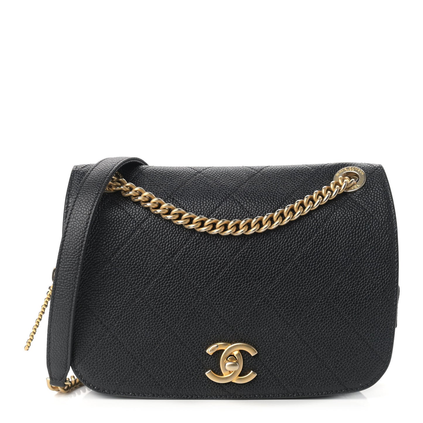 Caviar Stitched Messenger Flap Bag Black