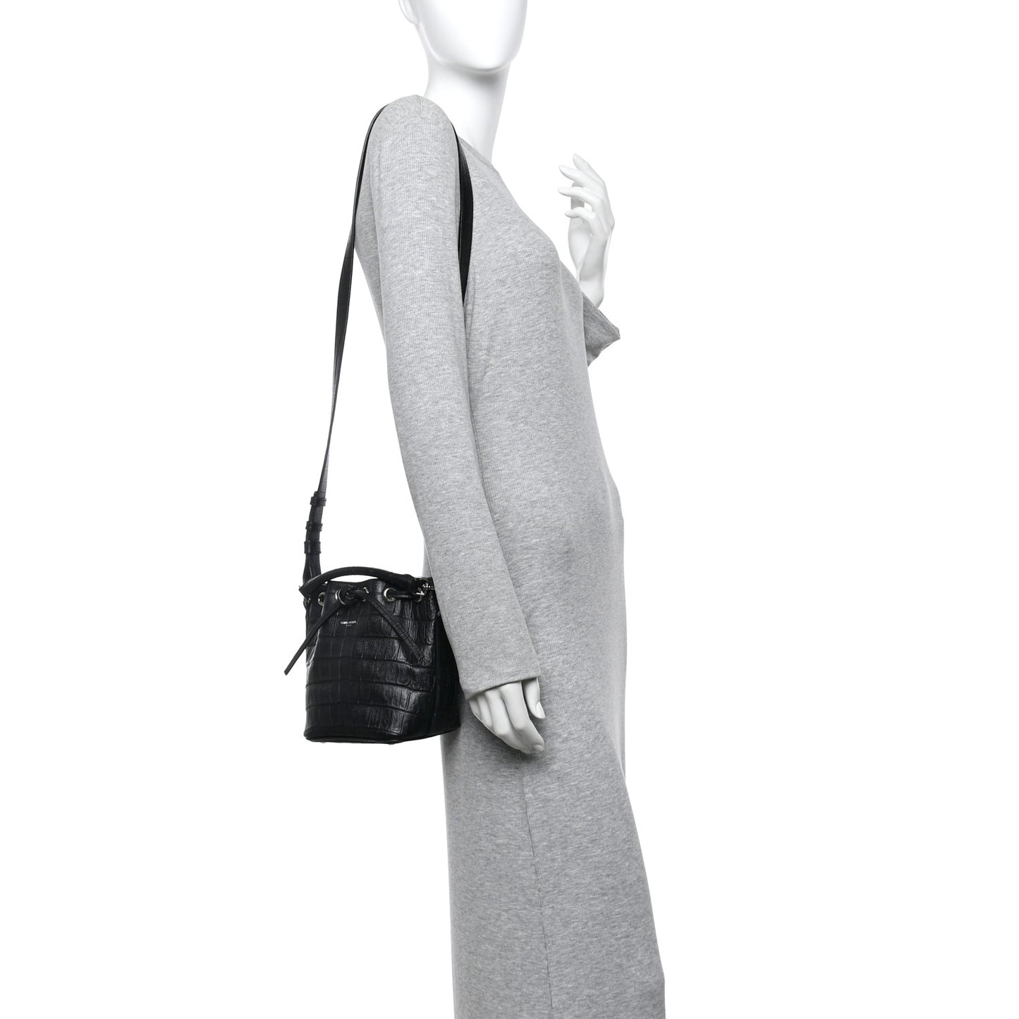 Calfskin Crocodile Embossed Small Emmanuelle Bucket Bag Black