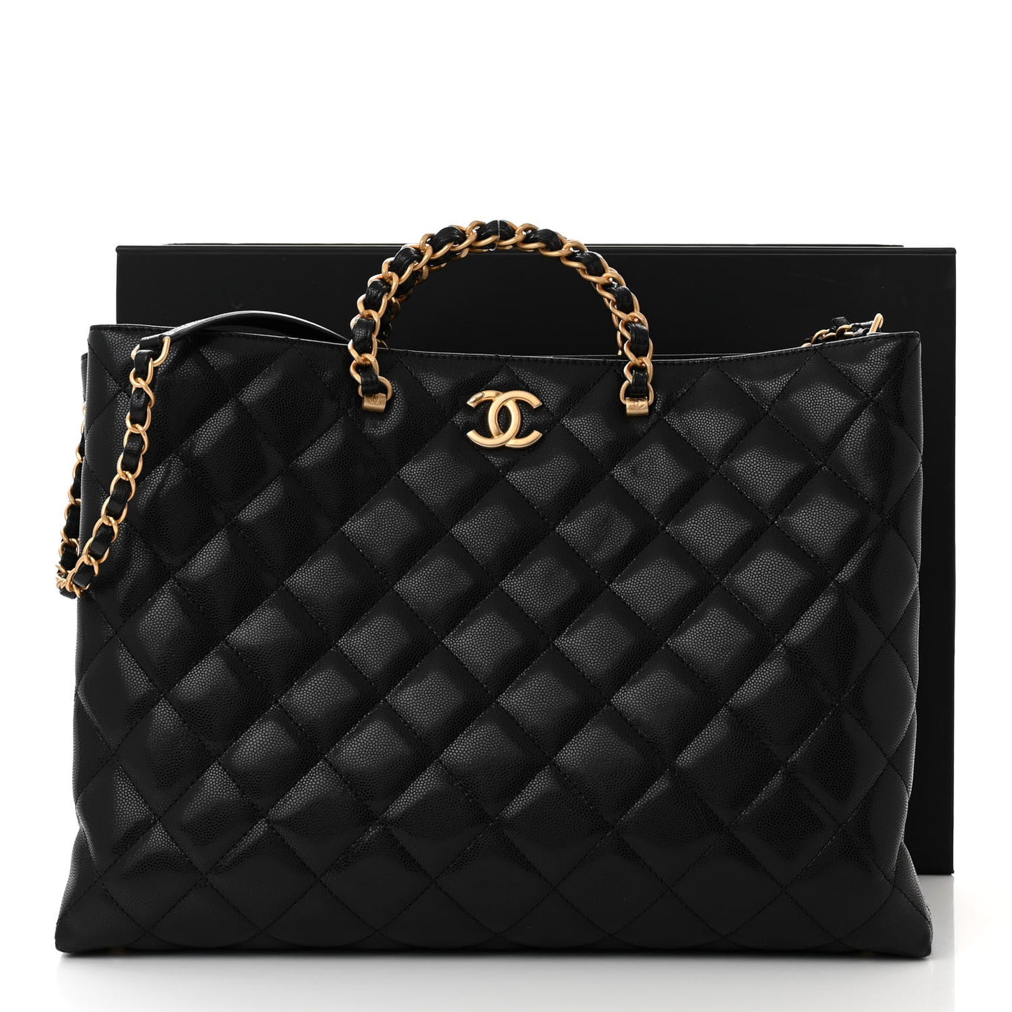 Shiny Caviar Quilted Chain Handle Shopping Tote Black