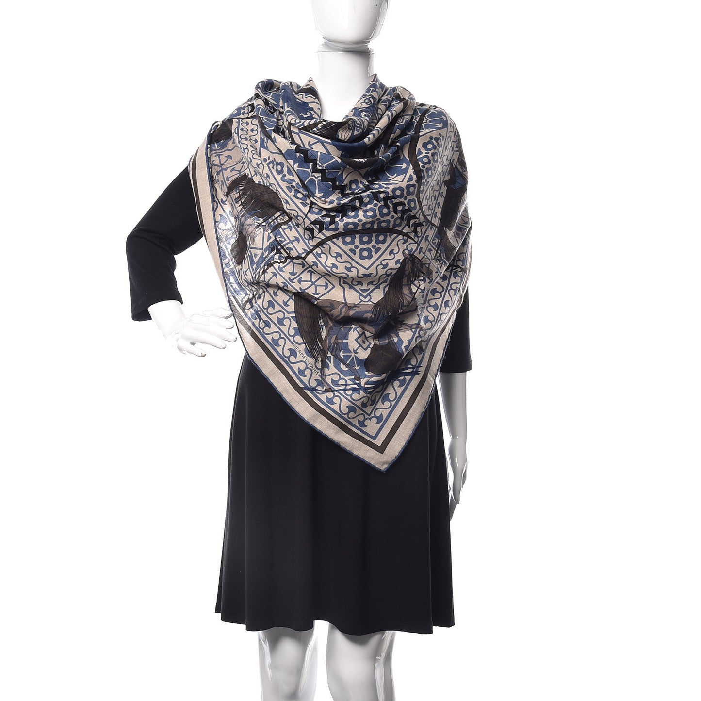 Cashmere Silk Imprimeur Fou Charabia Shawl 140 Naturel Bleu Sport Poivre