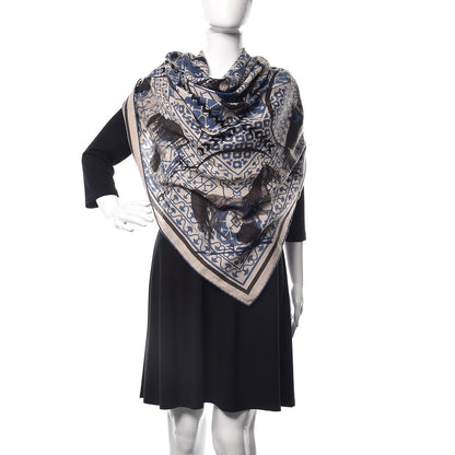 Hermes Cashmere Silk Imprimeur Fou Charabia Shawl 140 Naturel Bleu Sport Poivre 2 of 7
