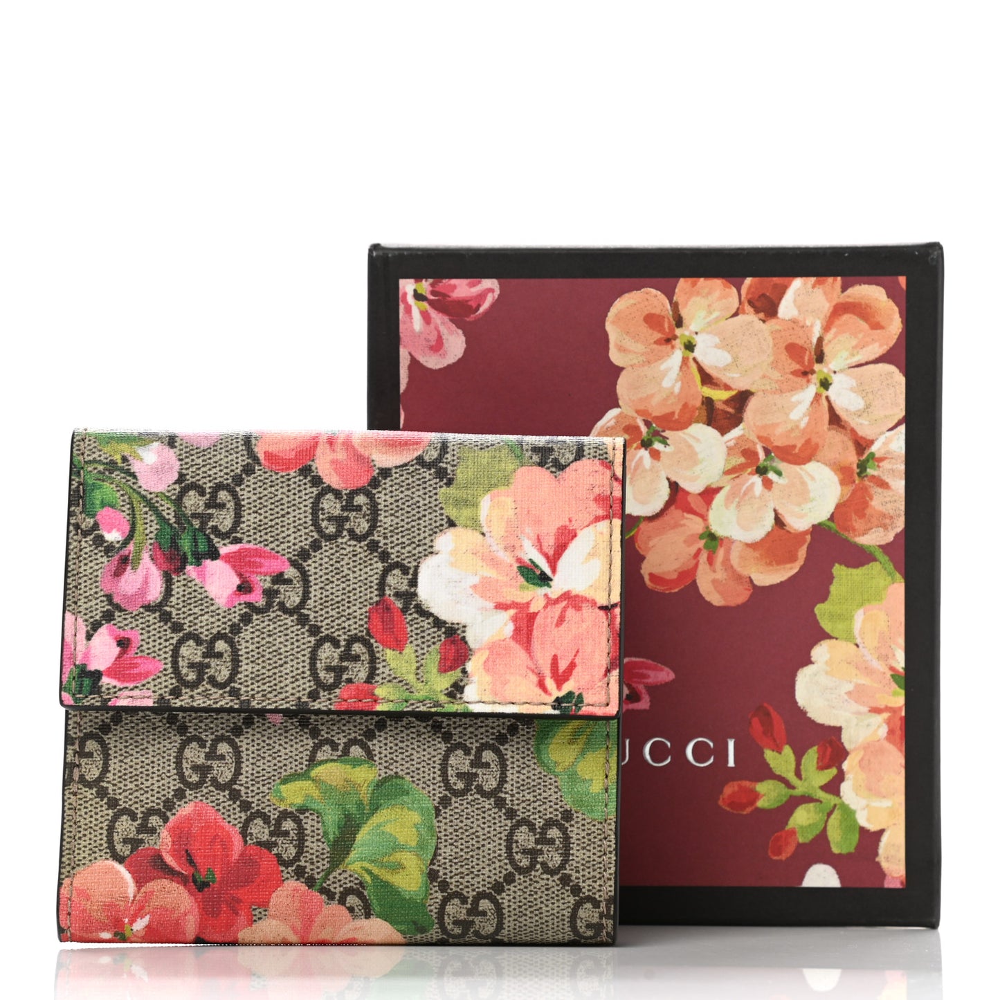 GG Supreme Monogram Blooms French Flap Wallet Beige Multicolor Dry Rose