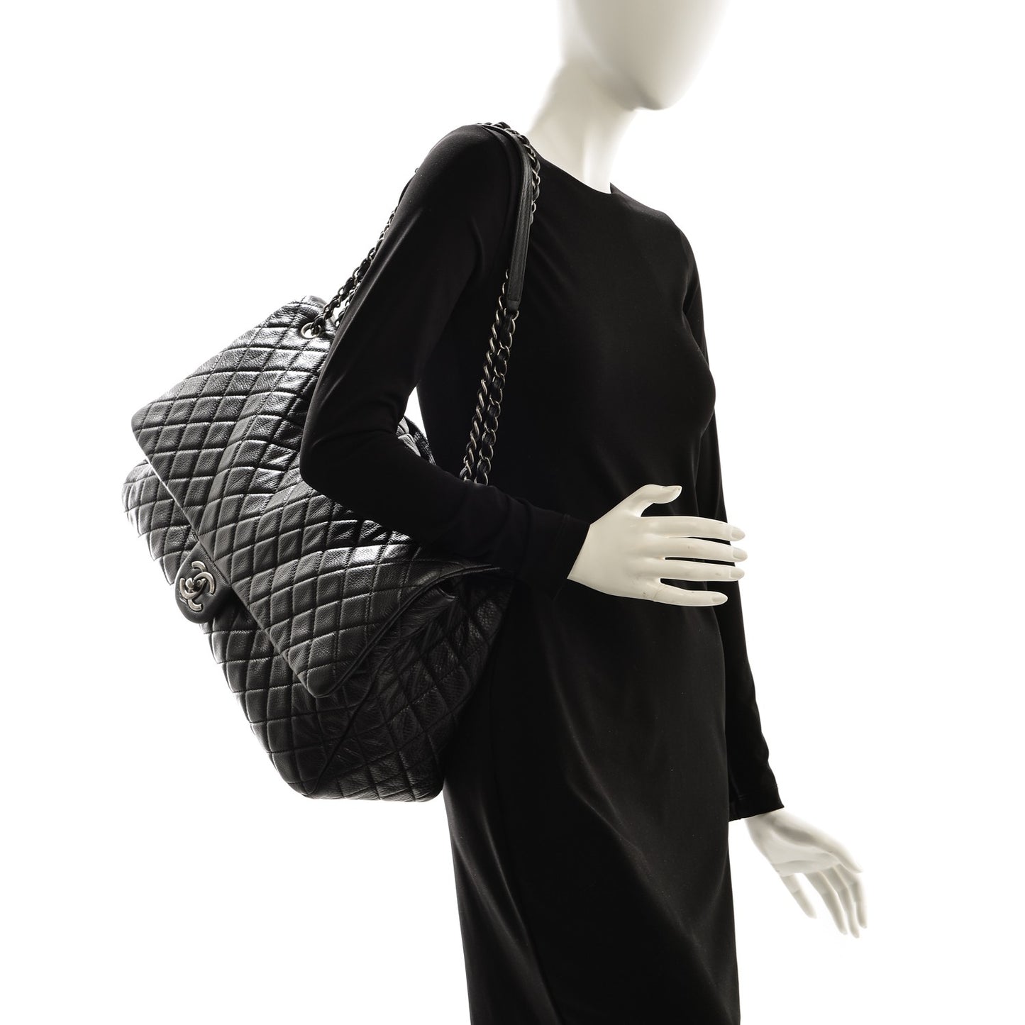 Calfskin Quilted XXL Travel Flap Bag Black