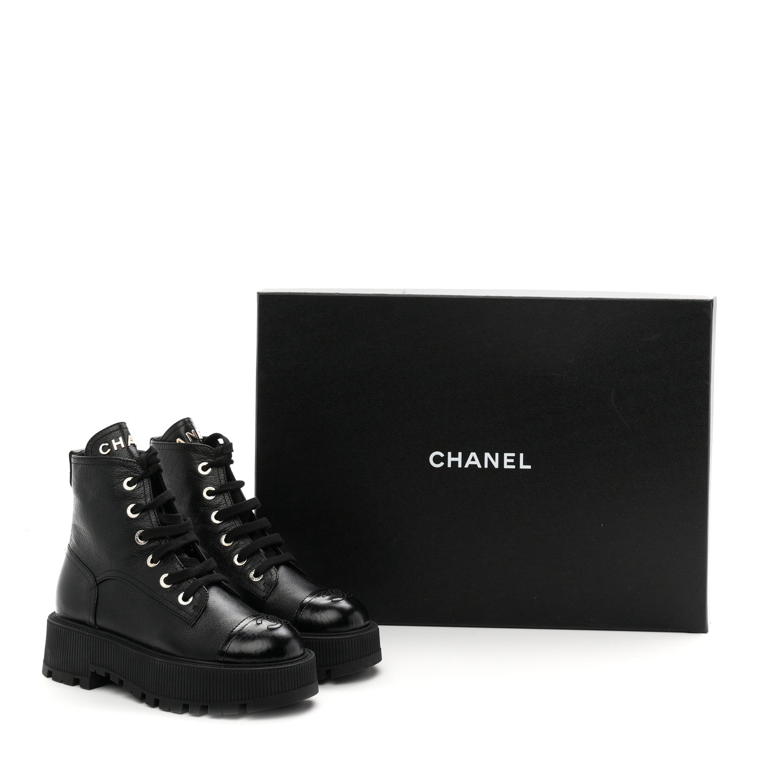 Chanel Grained Calfskin Shiny Calfskin CC Lace Up Combat Boots 36.5 Black 10 of 10