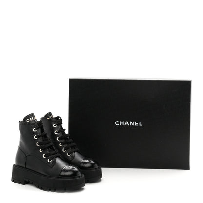 Chanel Grained Calfskin Shiny Calfskin CC Lace Up Combat Boots 36.5 Black 10 of 10
