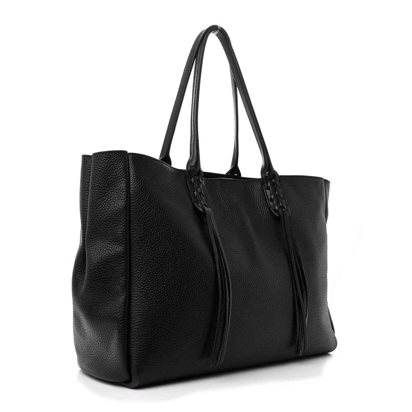 Grained Calfskin Logo Small Fringe Shopper Tote Black