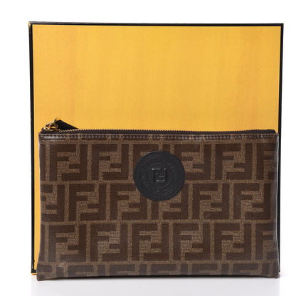 Fendi Glazed Fabric Vitello Century FF 1974 Stamp Patch Small FFreedom Flat Pouch Mogano Panna Black 10 of 10