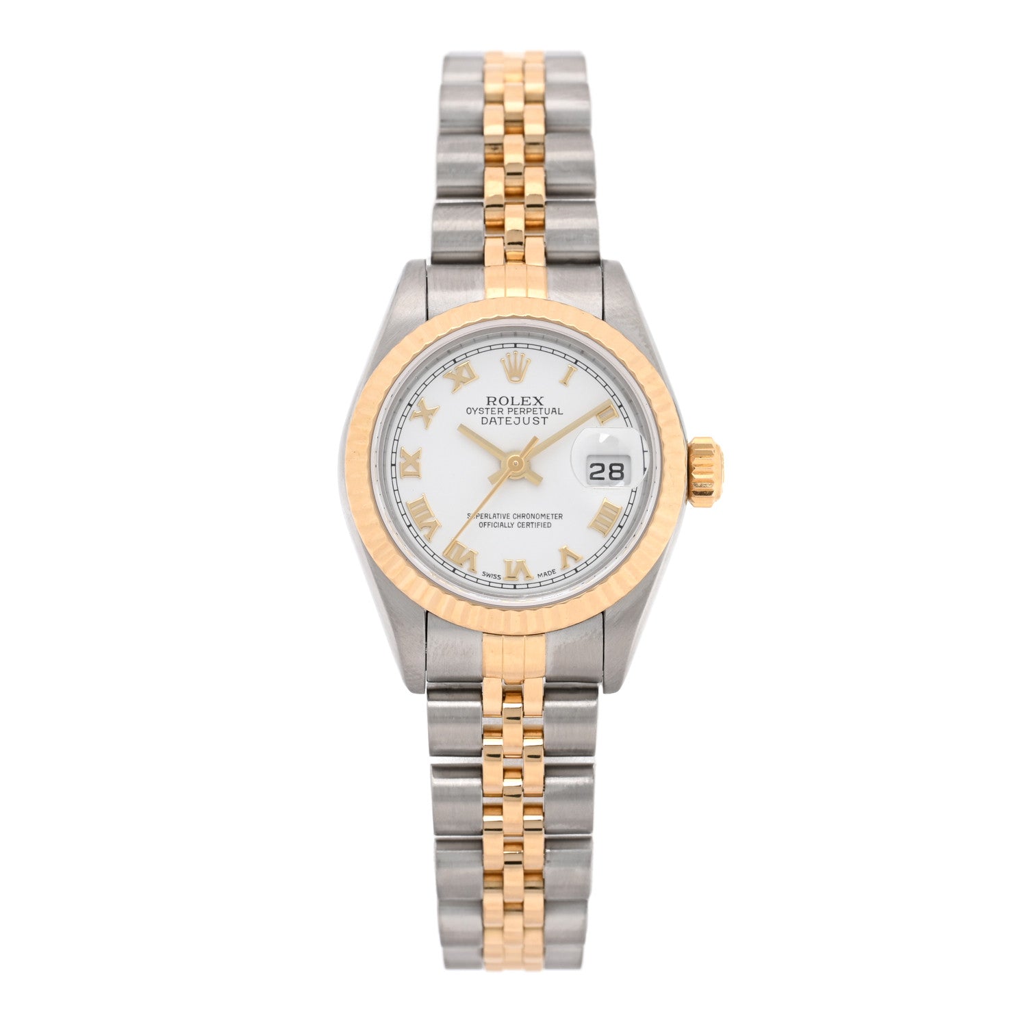 Rolex Stainless Steel 18K Yellow Gold 26mm Oyster Perpetual Datejust Watch White Roman 69173 1 of 5