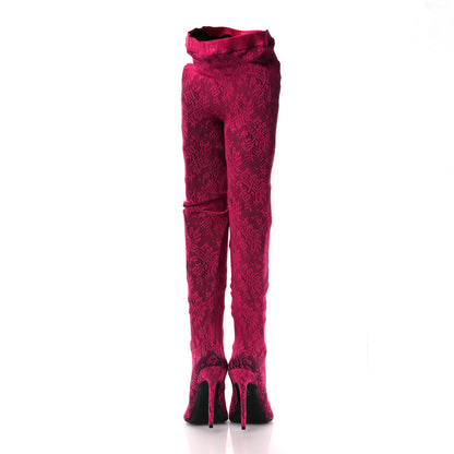 Balenciaga Lace Jersey Pantaleggings Pointed Toe Knife Thigh High Boots 39 Black Pink 6 of 10