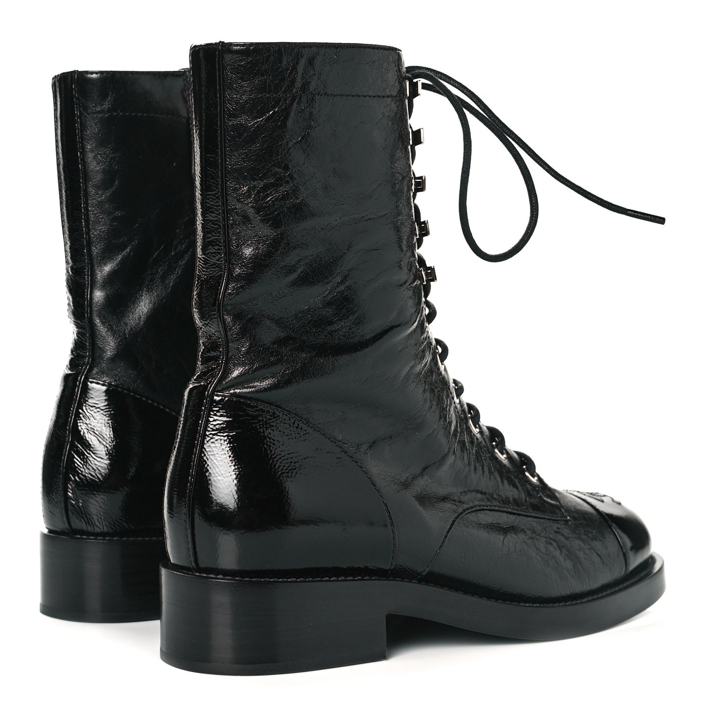 Crumpled Lambskin Shiny Calfskin Lace Up Combat Boots 38.5 Black